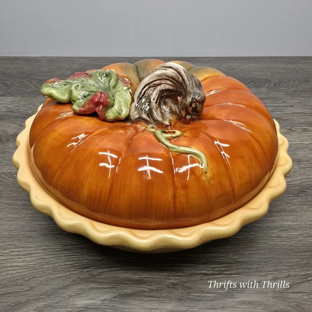 Vintage Cracker Barrel Ceramic Pumpkin Patch Pie Plate And Lid - Fall Is Here!!